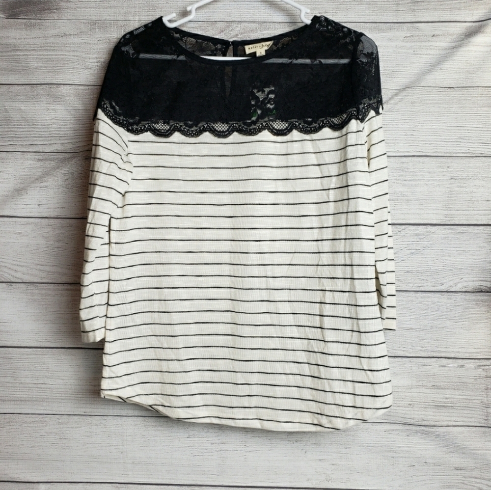 NWT Maison Jules Lace Yoke Black Lace White Black Stripe Top Womens Lg‎